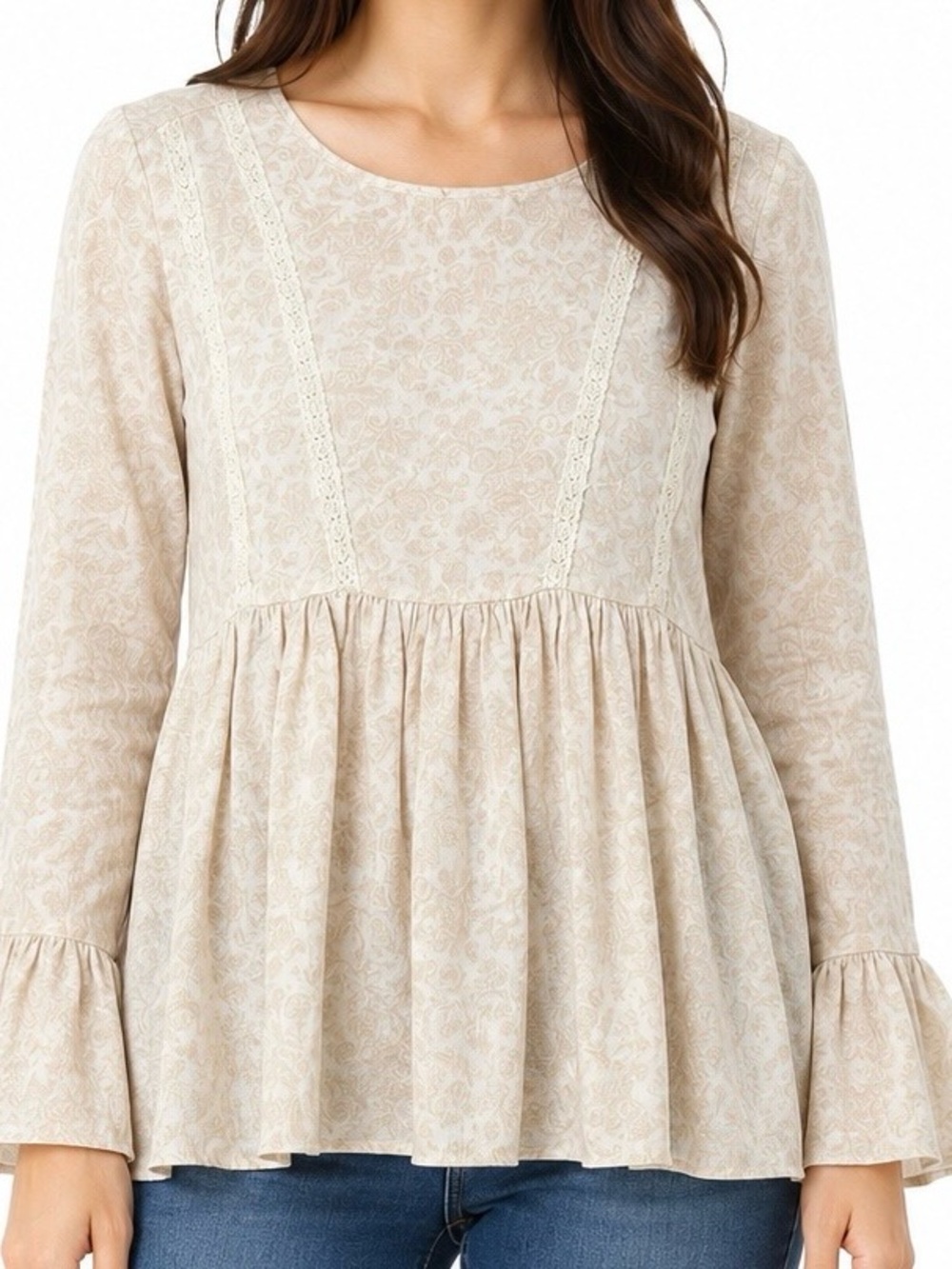 Wonderly Women’s M Cream Paisley Lace Trim Bell Sleeve Peplum Blouse Boho